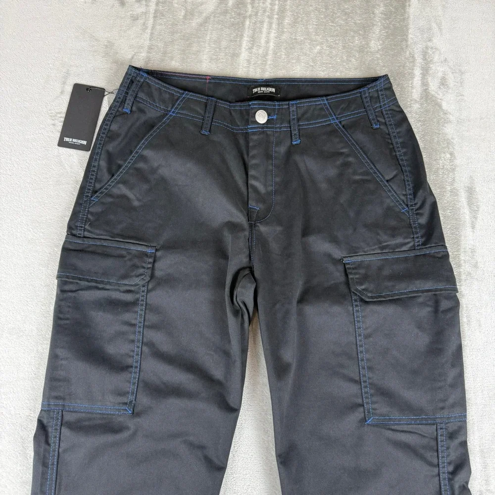 True Religion Cargo Pants Mens 30x32 Jet Black w/ Blue Stitching $164 New NWT